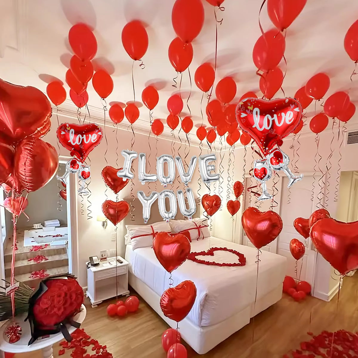 224-Piece I Love You Balloons Set – Heart-Shaped Balloons & Rose Petals 