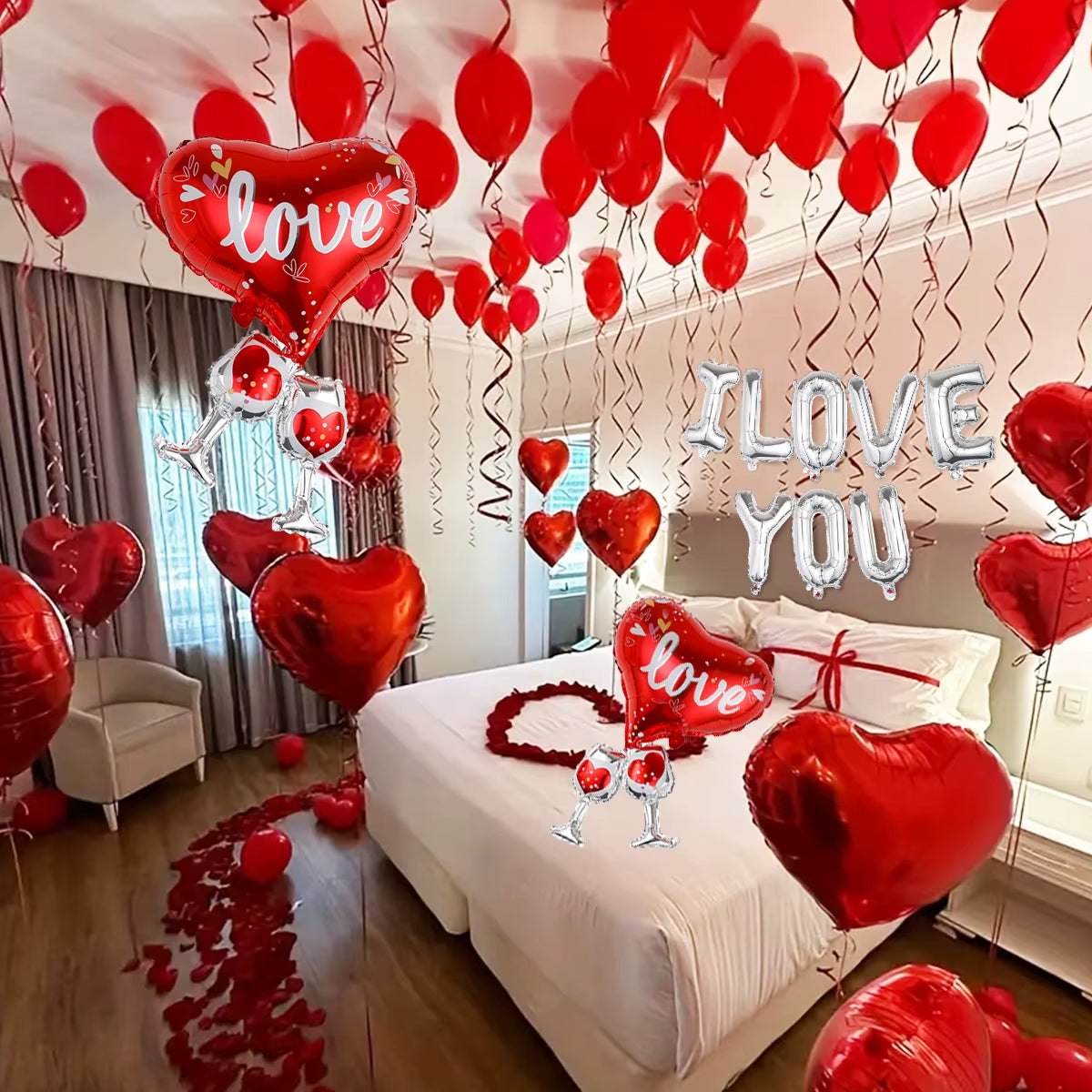 224-Piece I Love You Balloons Set – Heart-Shaped Balloons & Rose Petals 