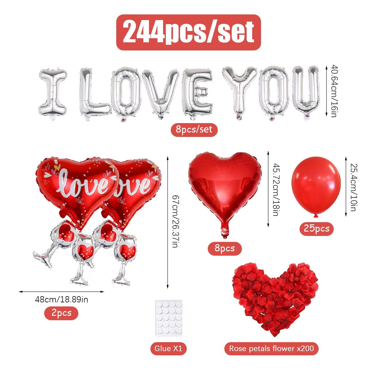 224-Piece I Love You Balloons Set – Heart-Shaped Balloons & Rose Petals 