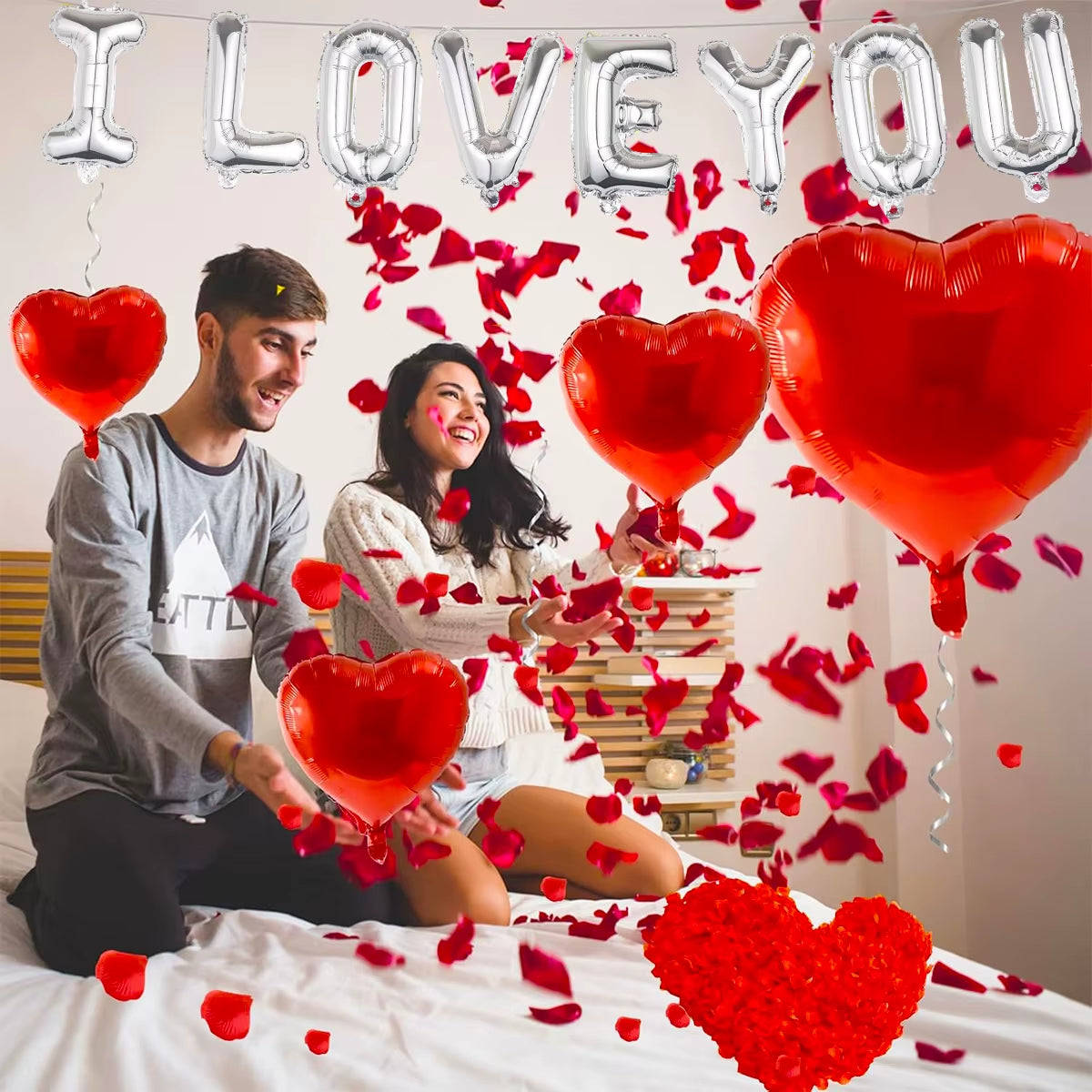 224-Piece I Love You Balloons Set – Heart-Shaped Balloons & Rose Petals 